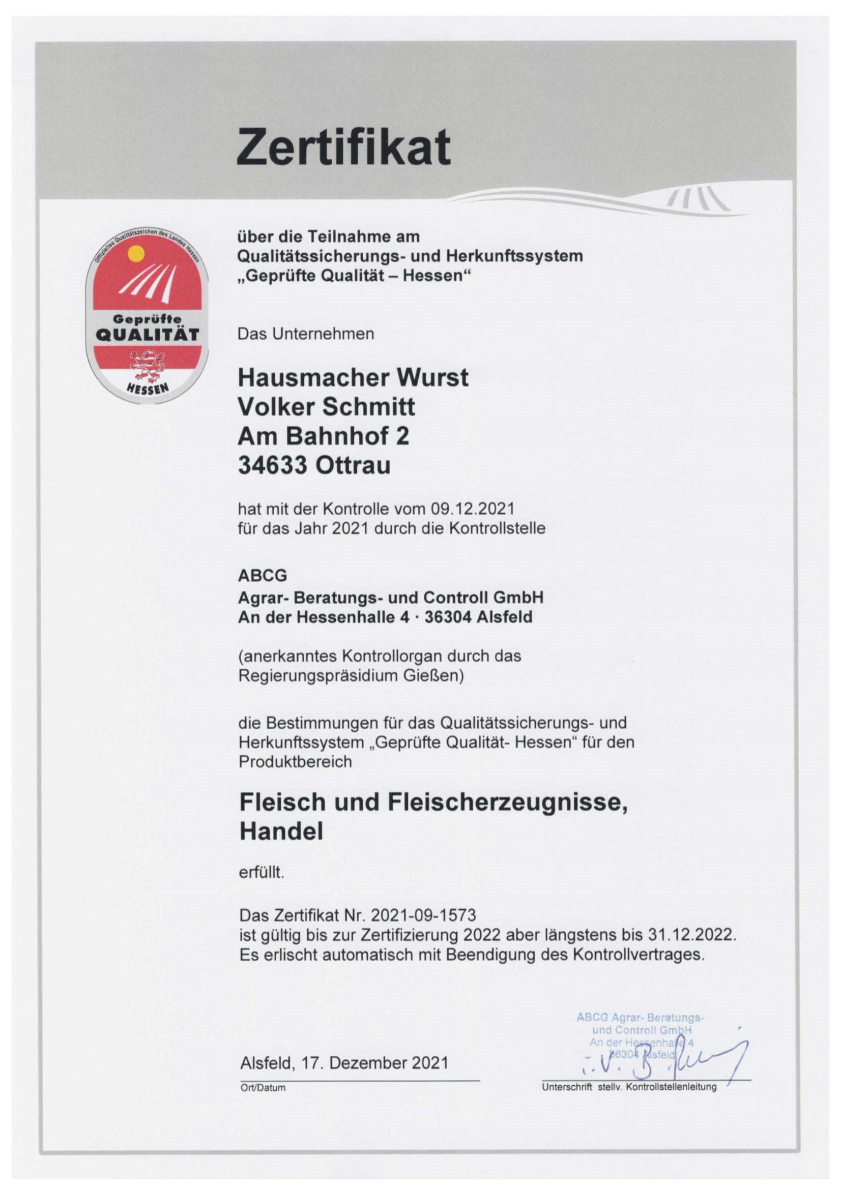 Zertifikat 2022 GQH Hausmacherwurst